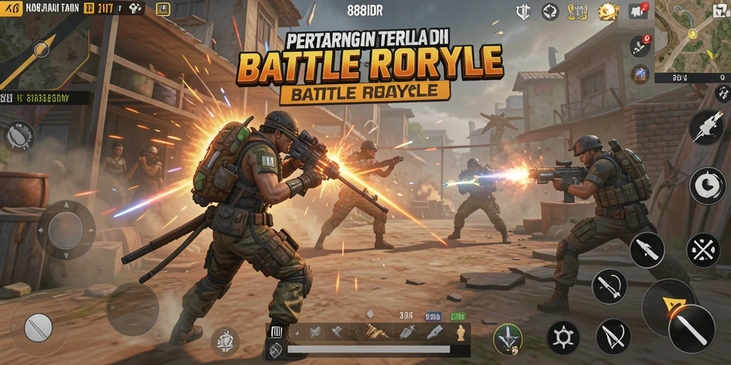 Screenshot gameplay 888IDR menunjukkan aksi Battle Royale yang mendebarkan.