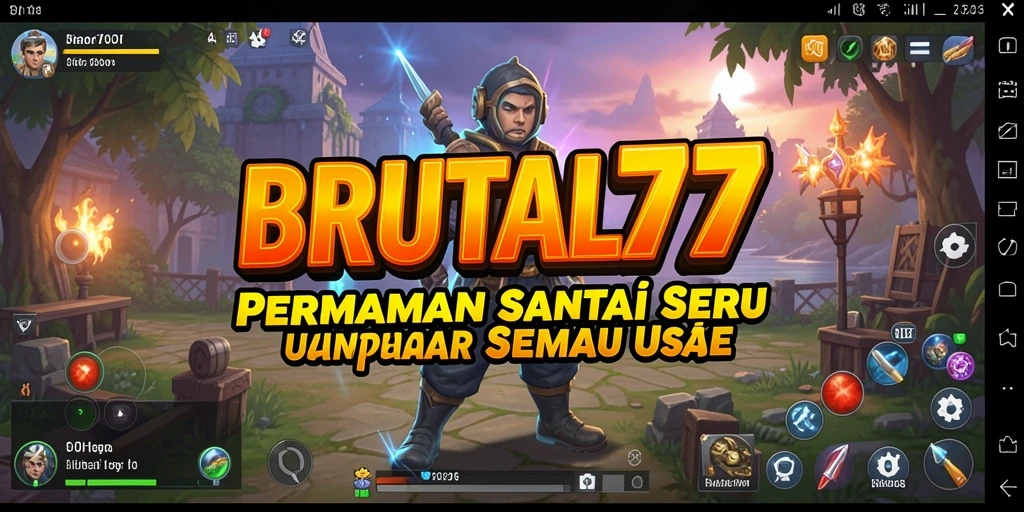 Tangkapan layar utama BRUTAL77 menunjukkan gameplay yang menyenangkan dan penuh warna.