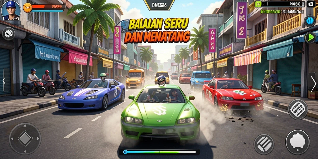 Screenshot gameplay DMD686 menunjukkan balapan yang mendebarkan di jalanan.