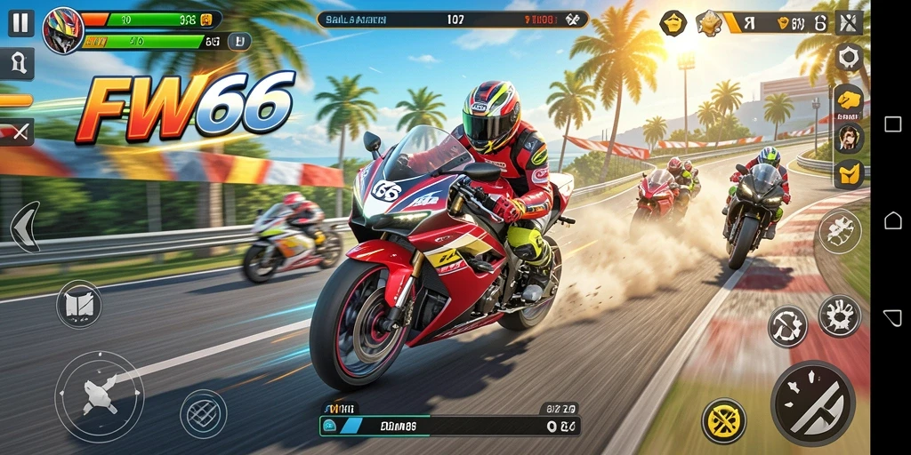 Screenshot dari gameplay FW66 yang menampilkan balapan motor seru.