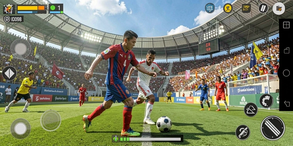 Screenshot gameplay ID098 yang menunjukkan aksi olahraga dramatis.