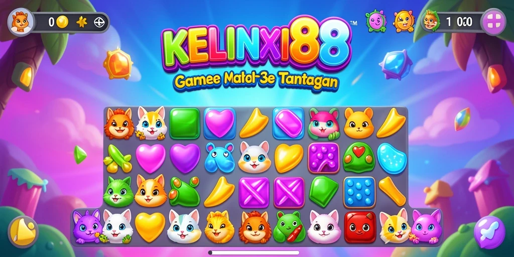Screenshot gameplay KELINCI88 menunjukkan elemen Match-3 yang penuh warna.