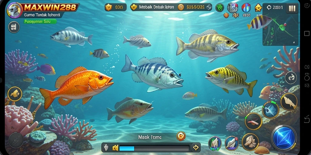 Screenshot gameplay <strong>MAXWIN288</strong> menunjukkan momen menembak ikan yang seru.