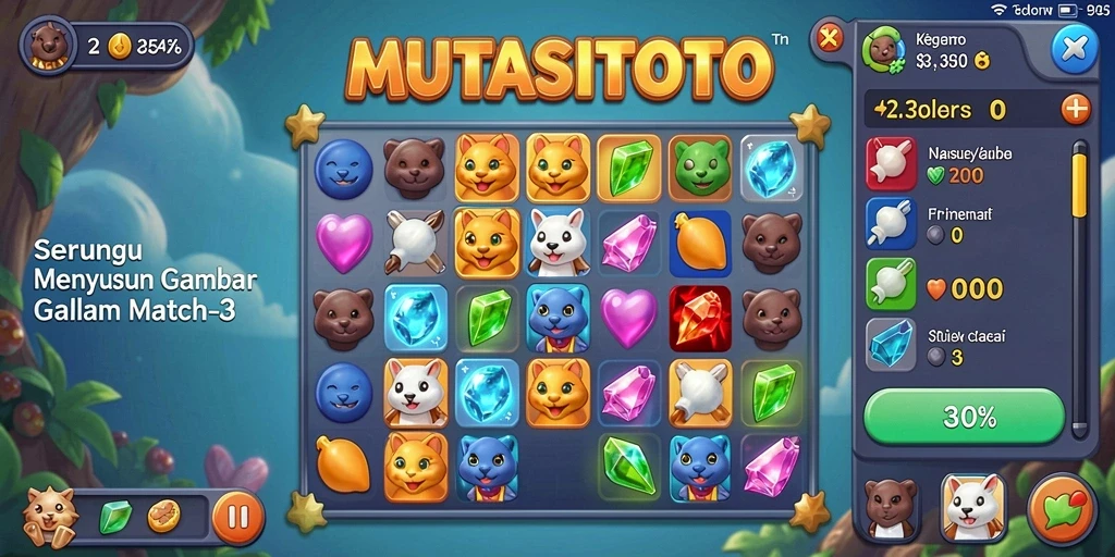 Tampilan menarik gameplay Match-3 di MUTASITOTO dengan warna-warni menyusun elemen.