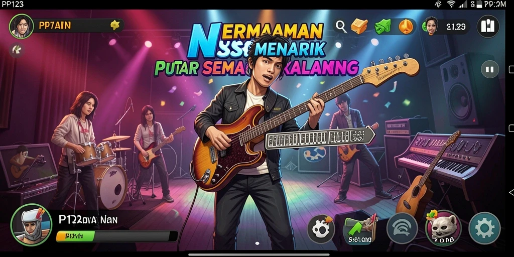 Screenshot utama PP123 menunjukkan gameplay musik yang interaktif dan menyenangkan.