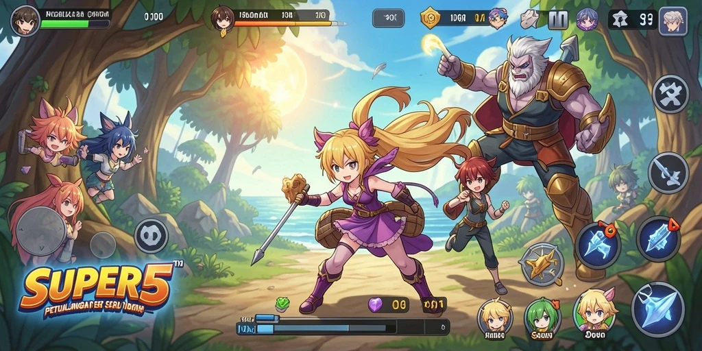 Tampilan seru gameplay SUPER5 yang penuh aksi dan karakter anime.